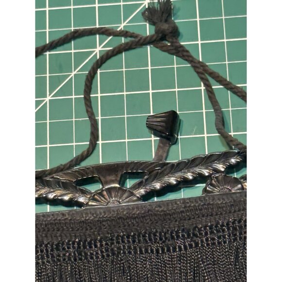 Vintage Black Beaded Fringe Handbag Purse With Cord Handle & Decorative Plastic - Picture 4 of 7
